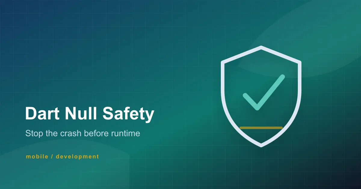 Abstract Dart null safety cover with guarded data shapes and Topzee blue geometry.
