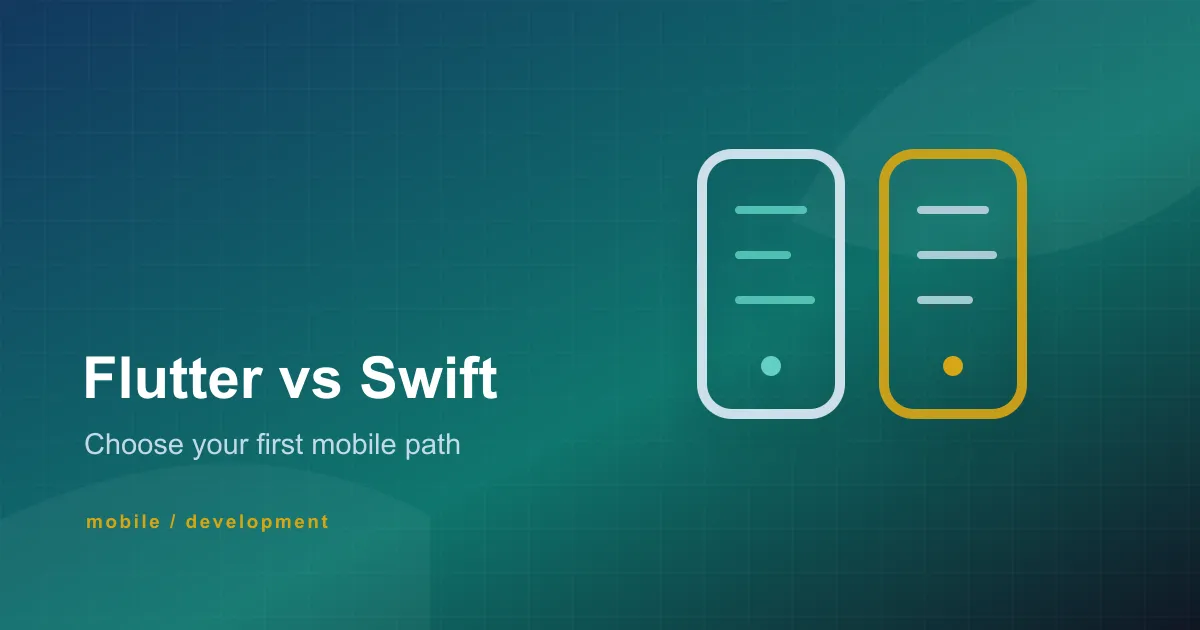 Abstract Topzee cover with geometric code shapes for a Flutter versus Swift beginner comparison.