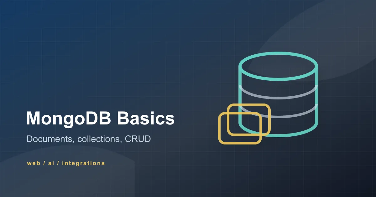 Abstract MongoDB beginner cover with document cards, collection shapes, and Topzee brand colors.