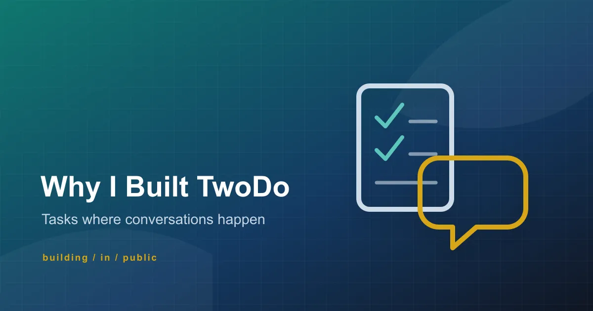 Abstract TwoDo cover with WhatsApp-style task messages and Topzee building-in-public colors.