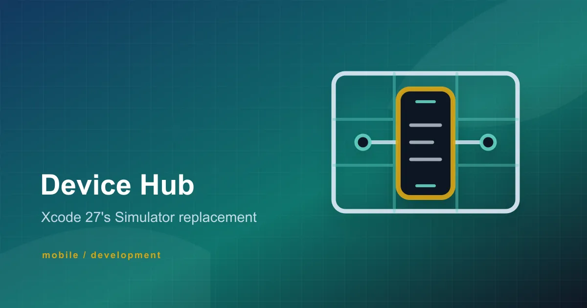 Line-art phone outline inside a connected device grid on a blue and teal technical background, representing Xcode Device Hub.